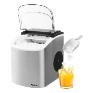 Máquina de Gelo Turbo Ice Premium Inox Portátil Kookin, 12kg por Dia, Gelo Pronto em 8 Minutos, Reservatório 1,3L, Limpeza Automática, com Pá e Cesto, para Casa e Bar
