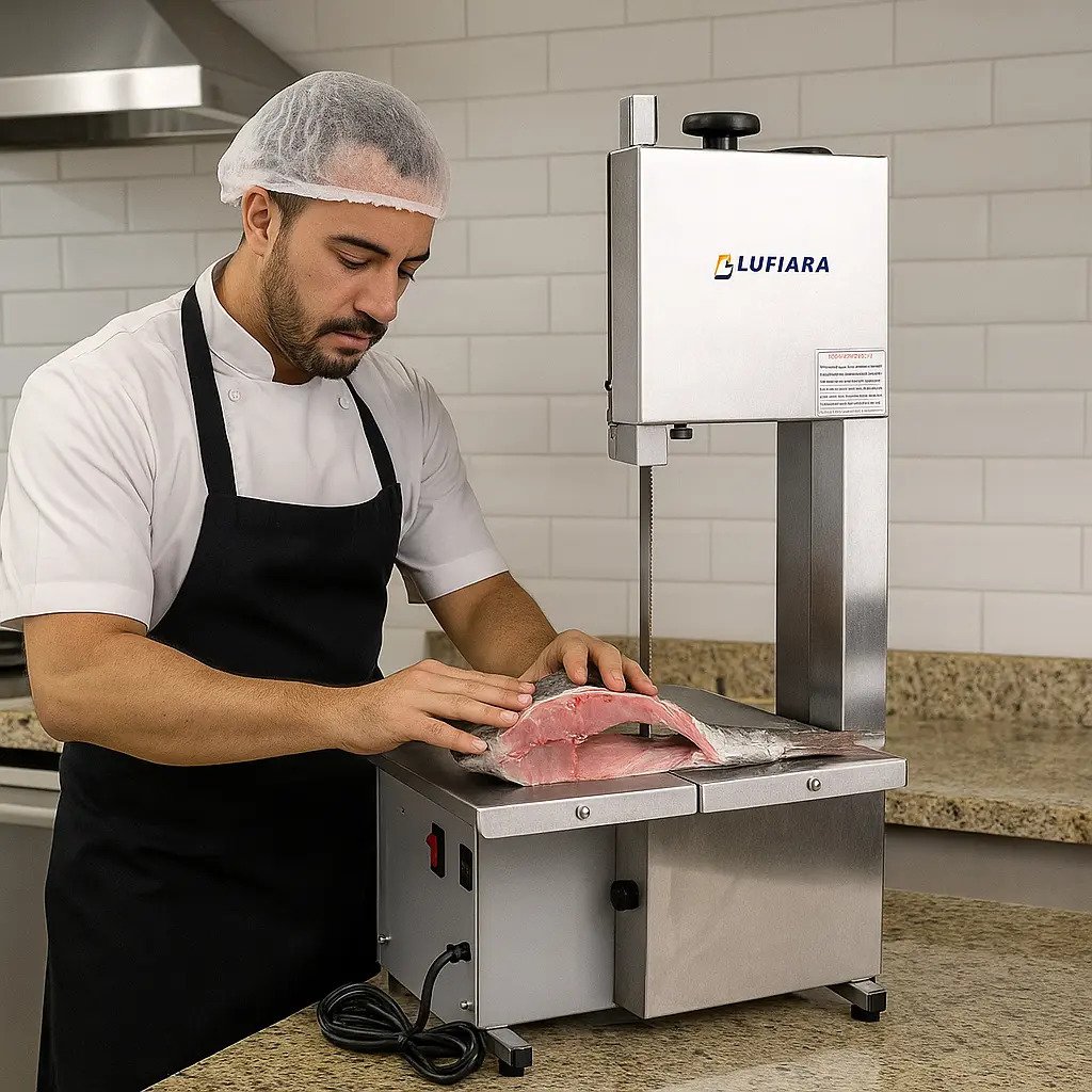 Máquina Serra Fita De Bancada 1,46m + Serra Extra - Para Cortar Carne Osso Peixe Congelados - Para Açougue Mercearia - Inox - Marca Lufiara - Imagem 2