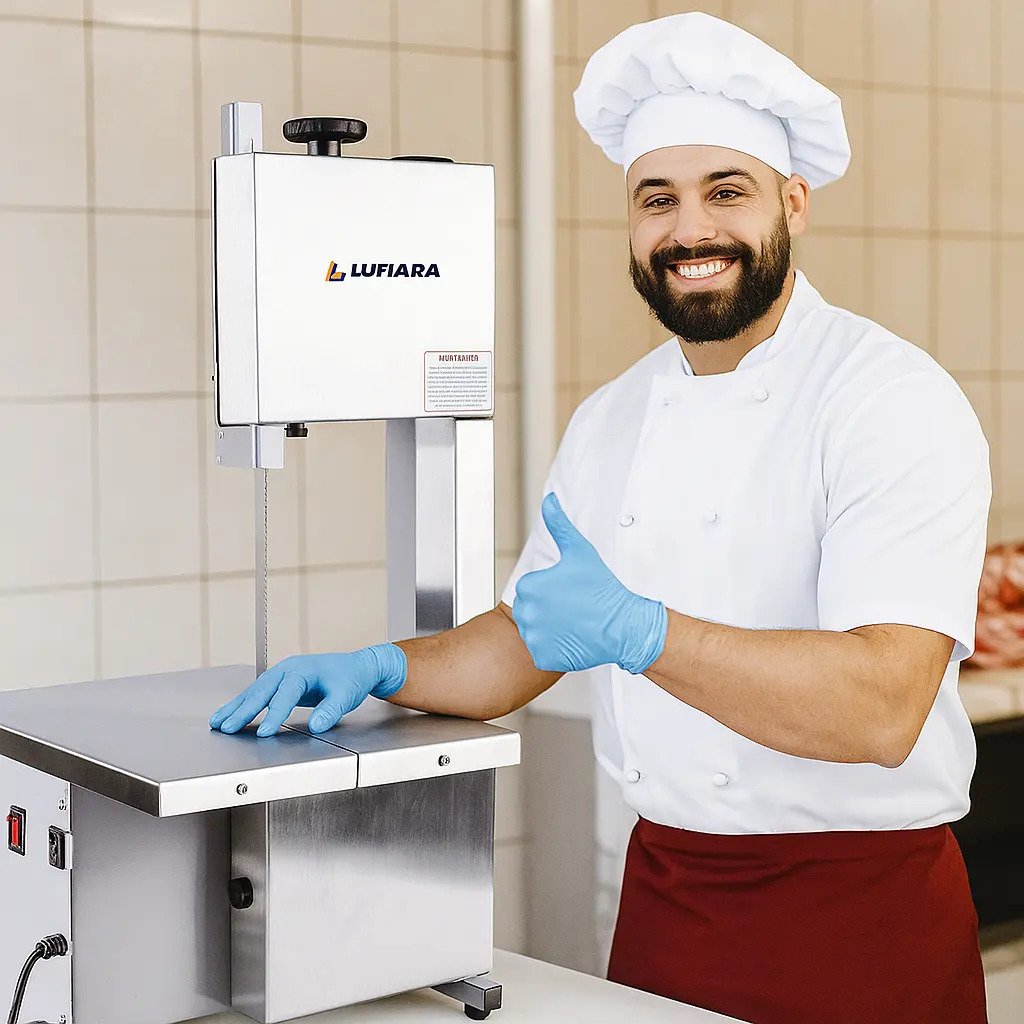 Máquina Serra Fita De Bancada 1,46m + Serra Extra - Para Cortar Carne Osso Peixe Congelados - Para Açougue Mercearia - Inox - Marca Lufiara - Imagem 3