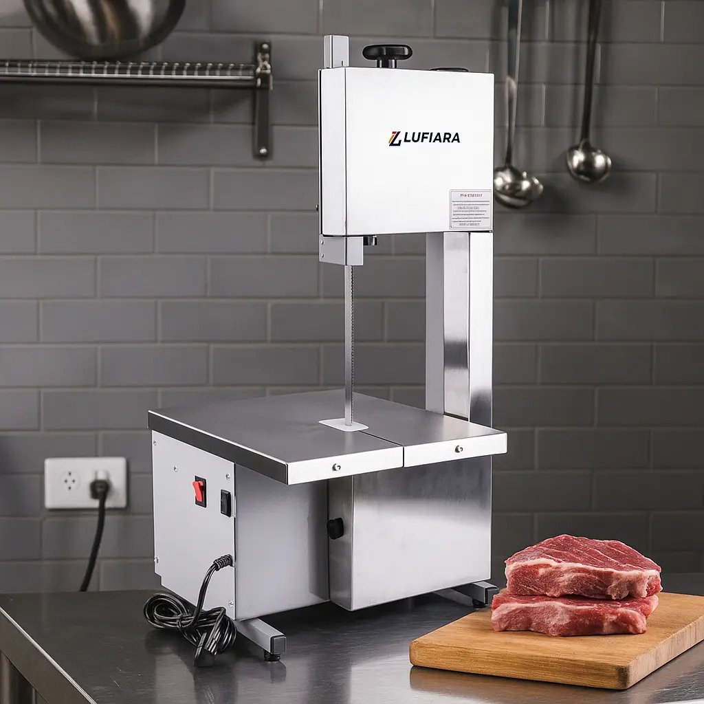 Máquina Serra Fita De Bancada 1,46m + Serra Extra - Para Cortar Carne Osso Peixe Congelados - Para Açougue Mercearia - Inox - Marca Lufiara - Imagem 5